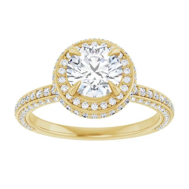 Round Brilliant Yellow Gold Halo Pave Style Lab Diamond Engagement Ring 