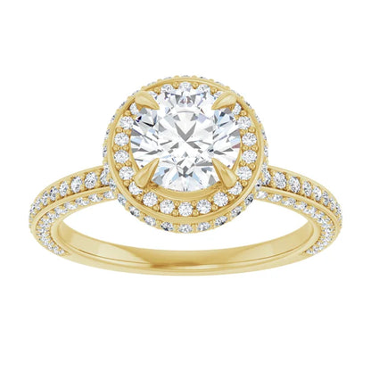 Round Brilliant Yellow Gold Halo Pave Style Lab Diamond Engagement Ring 
