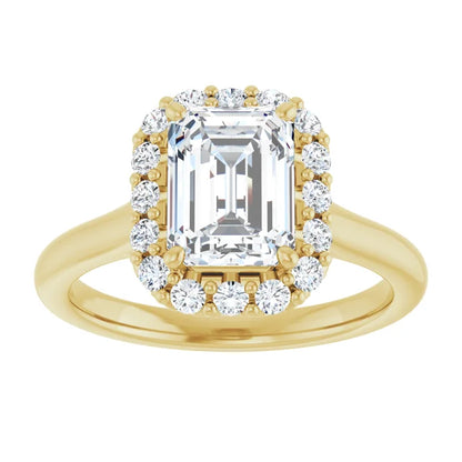 Emerald Halo Solitaire Yellow Gold Lab Diamond Engagement Ring 