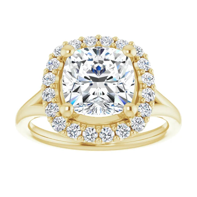 Cushion Yellow Gold Halo Solitaire Split Band Lab Diamond Engagement Ring 