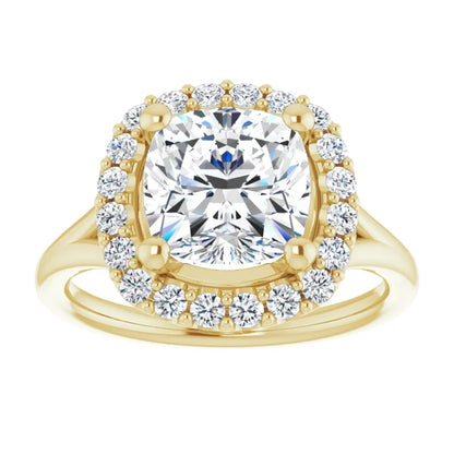 Cushion Yellow Gold Halo Solitaire Split Band Lab Diamond Engagement Ring 