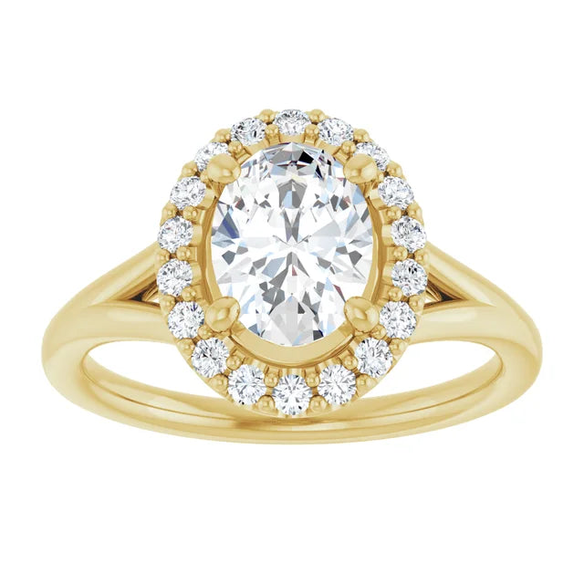 Oval Yellow Gold Halo Solitaire Split Band Lab Diamond Engagement Ring 