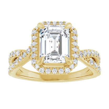 Emerald Yellow Gold Twist Band Halo Lab Diamond Engagement Ring  