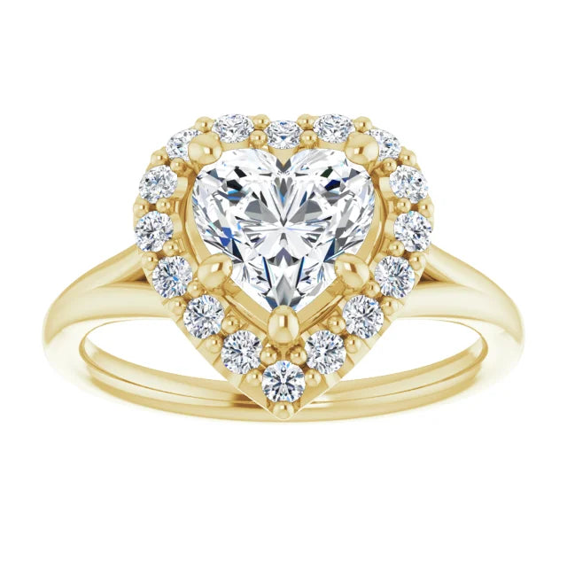 Heart Yellow Gold Halo Solitaire Split Band Lab Diamond Engagement Ring 