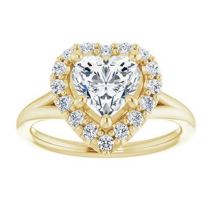 Heart Yellow Gold Halo Solitaire Split Band Lab Diamond Engagement Ring 