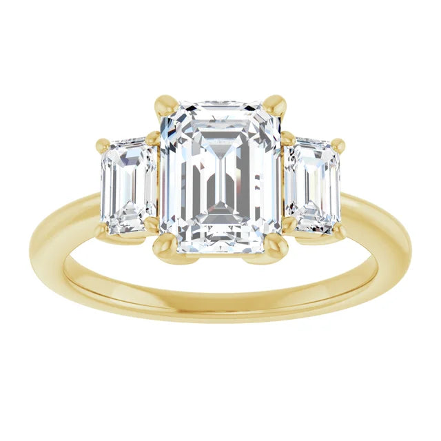 Emerald Yellow Gold Tri Stone Lab Diamond Engagement Ring