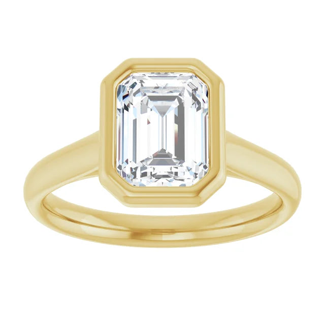 Emerald Yellow Gold Bezel Solitaire Lab Diamond Engagement Ring 