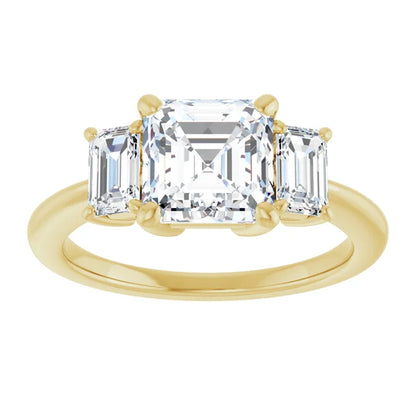Asscher Yellow Gold Tri Stone Lab Diamond Engagement Ring