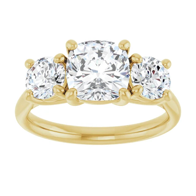 Cushion Yellow Gold Tri Stone Lab Diamond Engagement Ring