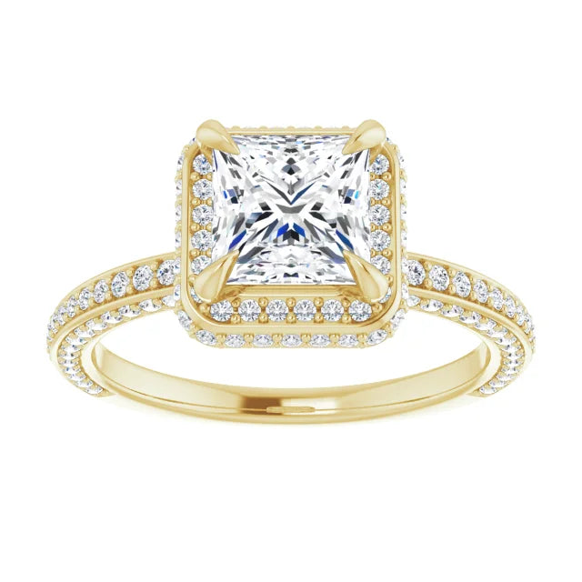 Princess Yellow Gold Halo Pave Style Lab Diamond Engagement Ring 