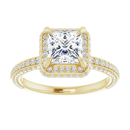 Princess Yellow Gold Halo Pave Style Lab Diamond Engagement Ring 