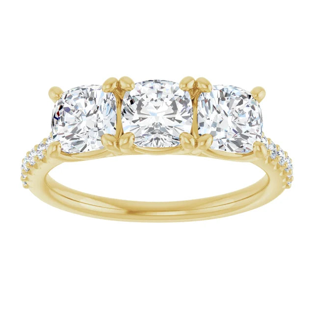 Cushion Yellow Gold Tri Stone Lab Diamonds Engagement Ring 