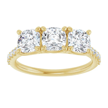Cushion Yellow Gold Tri Stone Lab Diamonds Engagement Ring 