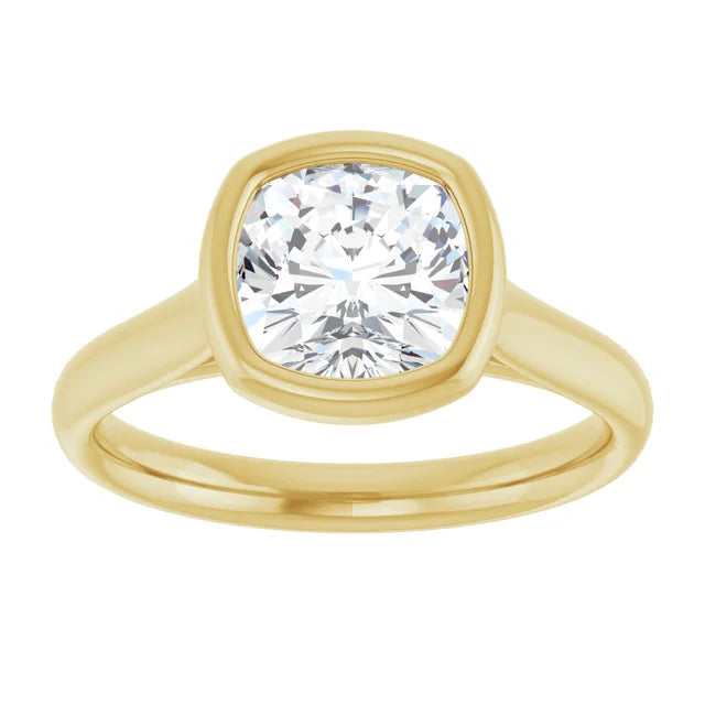 Cushion Yellow Gold Bezel Solitaire Lab Diamond Engagement Ring 