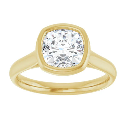Cushion Yellow Gold Bezel Solitaire Lab Diamond Engagement Ring 