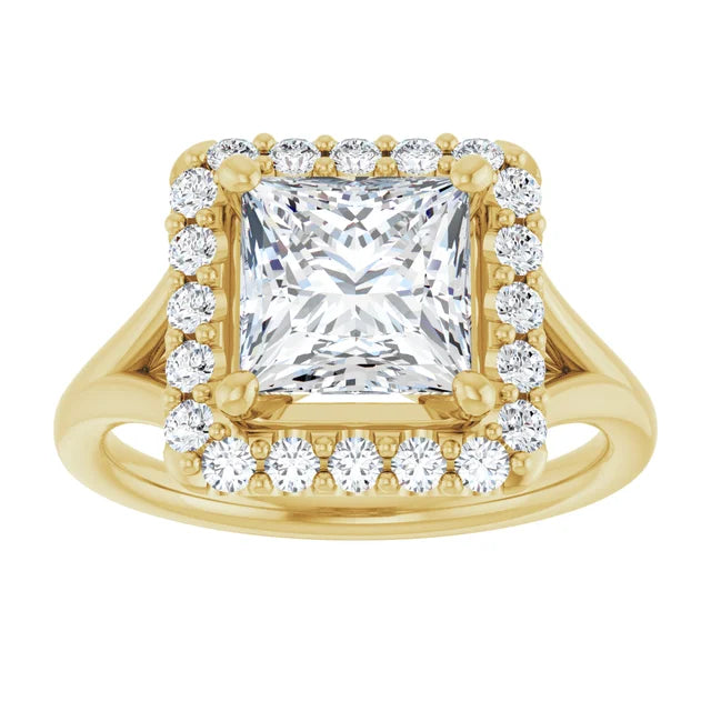 Princess Yellow Gold Halo Solitaire Split Band Lab Diamond Engagement Ring 