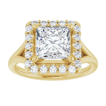 Princess Yellow Gold Halo Solitaire Split Band Lab Diamond Engagement Ring 