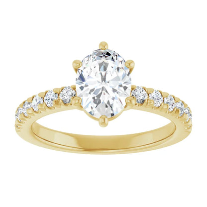 Oval Six Claw Pave Yellow Gold Engagement Ring 
