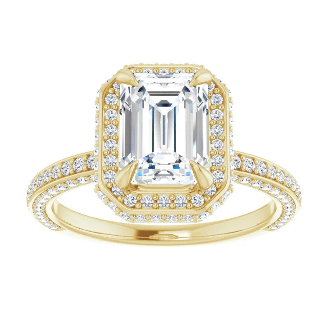 Emerald Yellow Gold Halo Pave Style Lab Diamond Engagement Ring 
