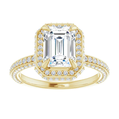 Emerald Yellow Gold Halo Pave Style Lab Diamond Engagement Ring 