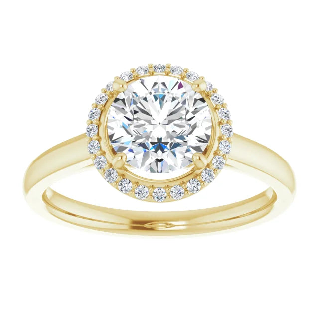 Round Brilliant Halo Solitaire Lab Diamond Engagement Ring Yellow Gold. 
