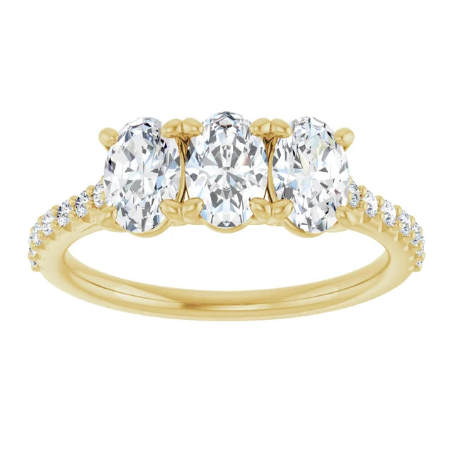 Oval Yellow Gold Tri Stone Lab Diamonds Engagement Ring 