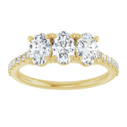 Oval Yellow Gold Tri Stone Lab Diamonds Engagement Ring 