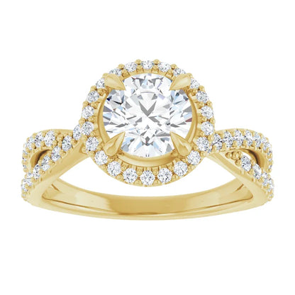Round Brilliant Yellow Gold Twist Band Halo Lab Diamond Engagement Ring  