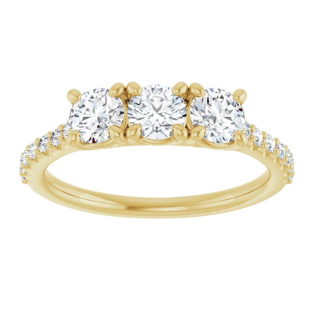 Round Brilliant Yellow Gold Tri Stone Lab Diamonds Engagement Ring 
