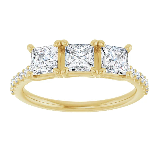 Princess Yellow Gold Tri Stone Lab Diamonds Engagement Ring 