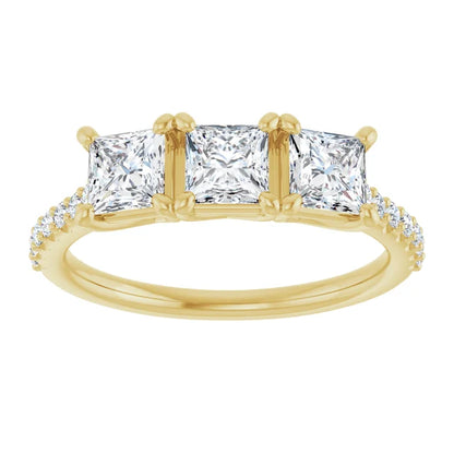 Princess Yellow Gold Tri Stone Lab Diamonds Engagement Ring 