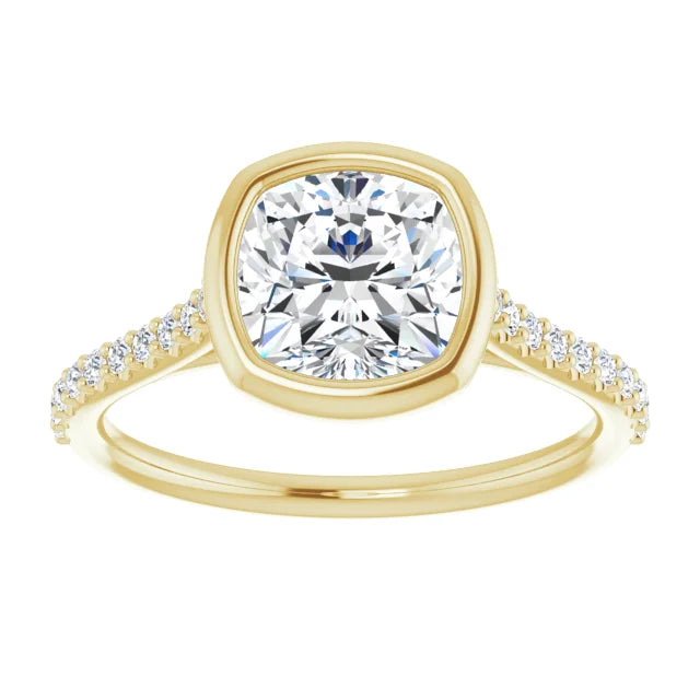 Cushion Yellow Gold Bezel Pave Lab Diamond Engagement Ring 