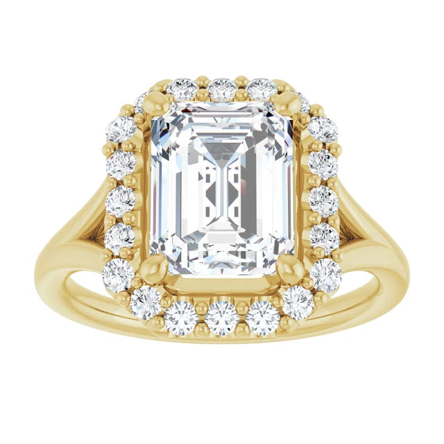 Emerald Yellow Gold Halo Solitaire Split Band Lab Diamond Engagement Ring 