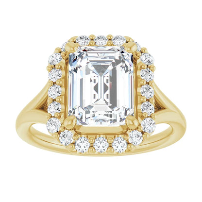 Emerald Yellow Gold Halo Solitaire Split Band Lab Diamond Engagement Ring 
