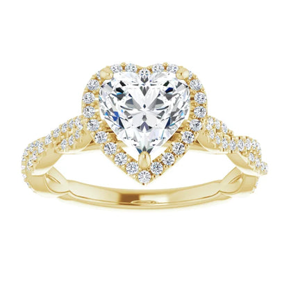 Heart Yellow Gold Halo Twist Pave Moissanite Engagement Ring 