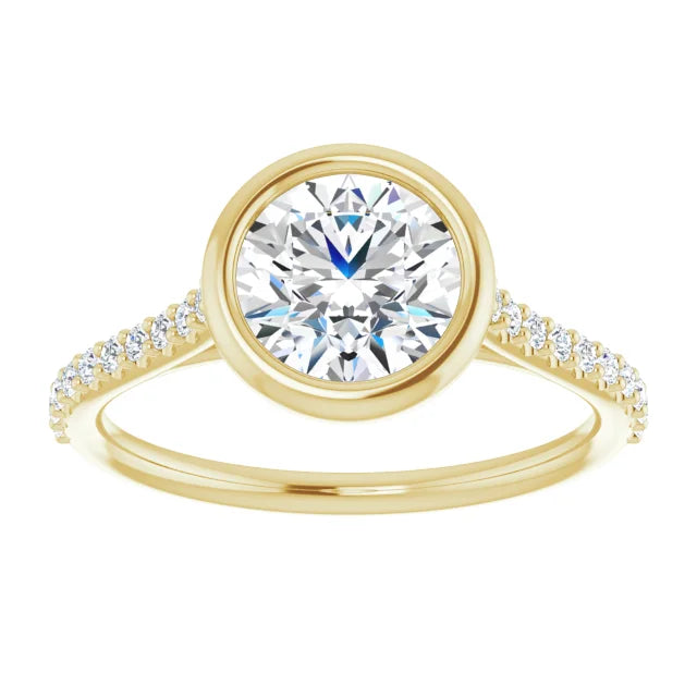 Round Brilliant Yellow Gold Bezel Pave Lab Diamond Engagement Ring 