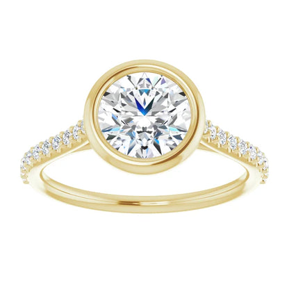 Round Brilliant Yellow Gold Bezel Pave Lab Diamond Engagement Ring 