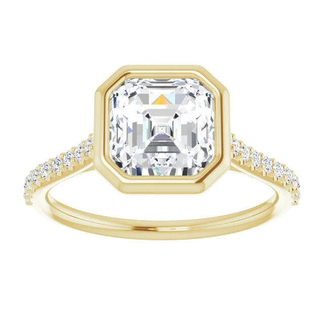 Asscher Yellow Gold Bezel Pave Lab Diamond Engagement Ring 