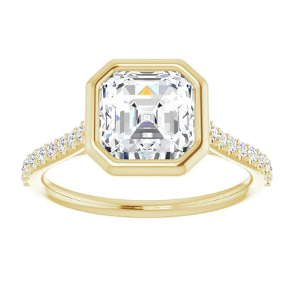 Asscher Yellow Gold Bezel Pave Lab Diamond Engagement Ring 