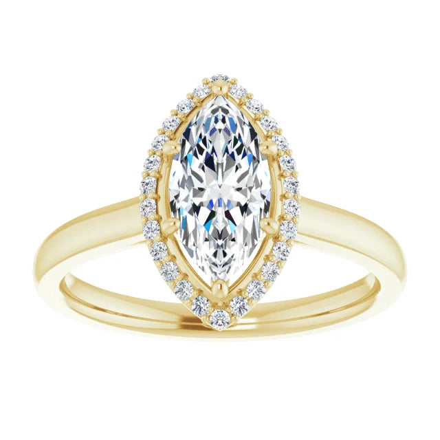 Marquise Halo Solitaire Lab Diamond Engagement Ring Yellow Gold. 
