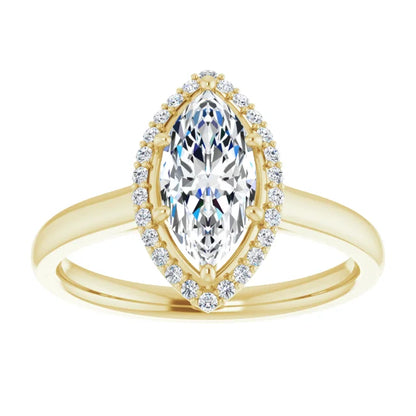 Marquise Halo Solitaire Lab Diamond Engagement Ring Yellow Gold. 