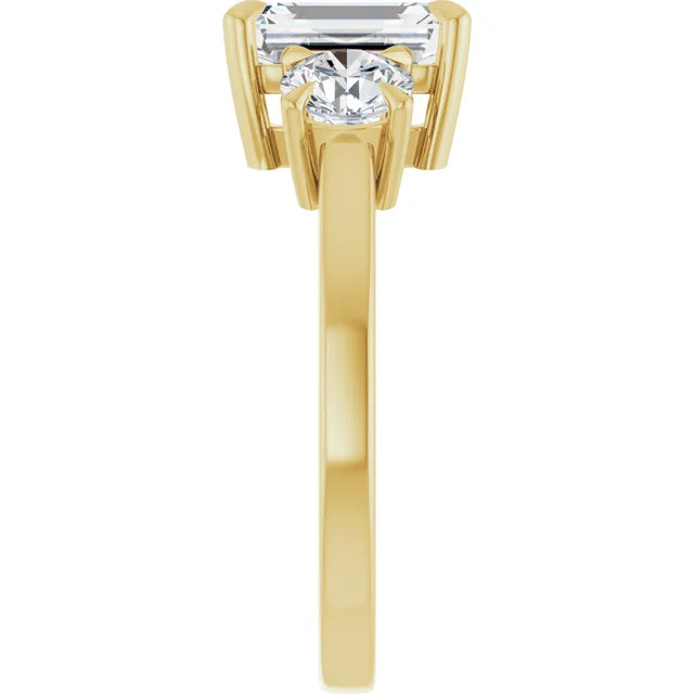 Emerald Yellow Gold Tri Stone Lab Diamond Engagement Ring 