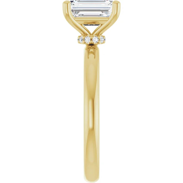 Emerald Cut Yellow Gold Low Hidden Halo Solitaire Engagement Ring