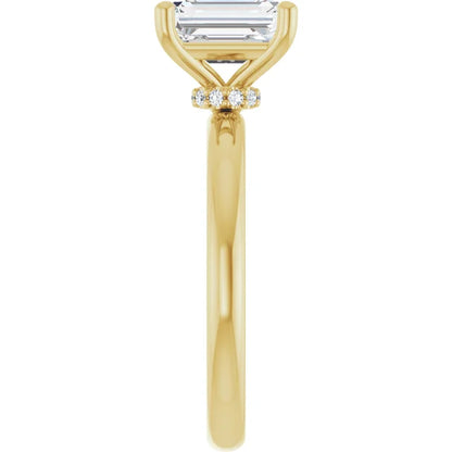 Emerald Cut Yellow Gold Low Hidden Halo Solitaire Engagement Ring