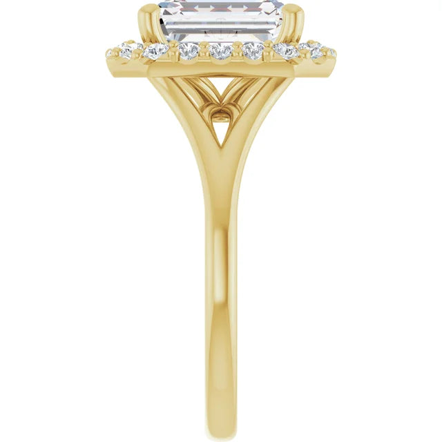 Emerald Yellow Gold Halo Solitaire Split Band Lab Diamond Engagement Ring 