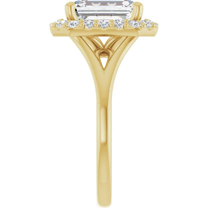 Emerald Yellow Gold Halo Solitaire Split Band Lab Diamond Engagement Ring 