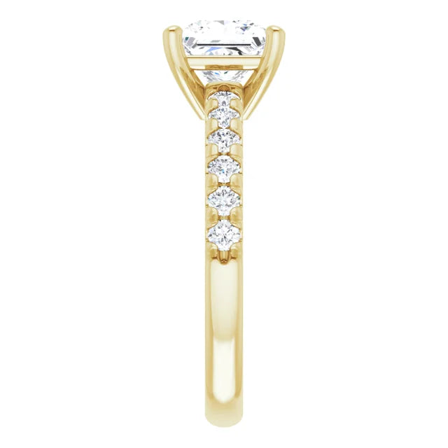 Princess Yellow Gold Four Claw Pave Band Lab Diamond Engagement Ring 