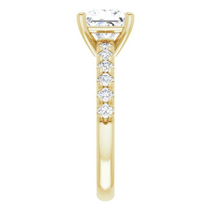 Princess Yellow Gold Four Claw Pave Band Lab Diamond Engagement Ring 