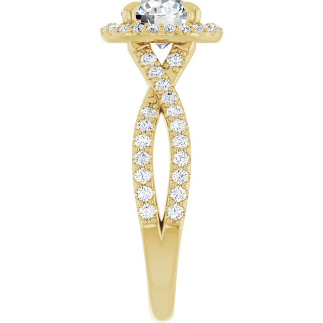 Round Brilliant Yellow Gold Twist Band Halo Lab Diamond Engagement Ring  
