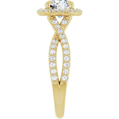 Round Brilliant Yellow Gold Twist Band Halo Lab Diamond Engagement Ring  